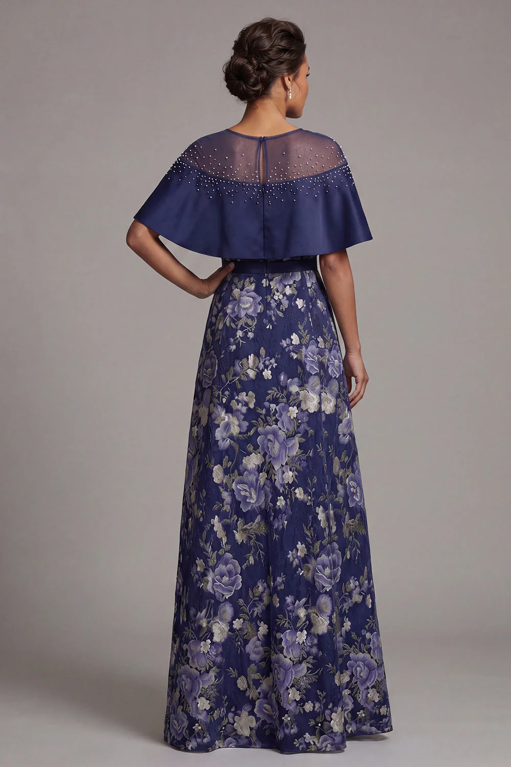 Navy Floral A Line Beaded Long Mother Of the Bride Dress with Cape - Image 2