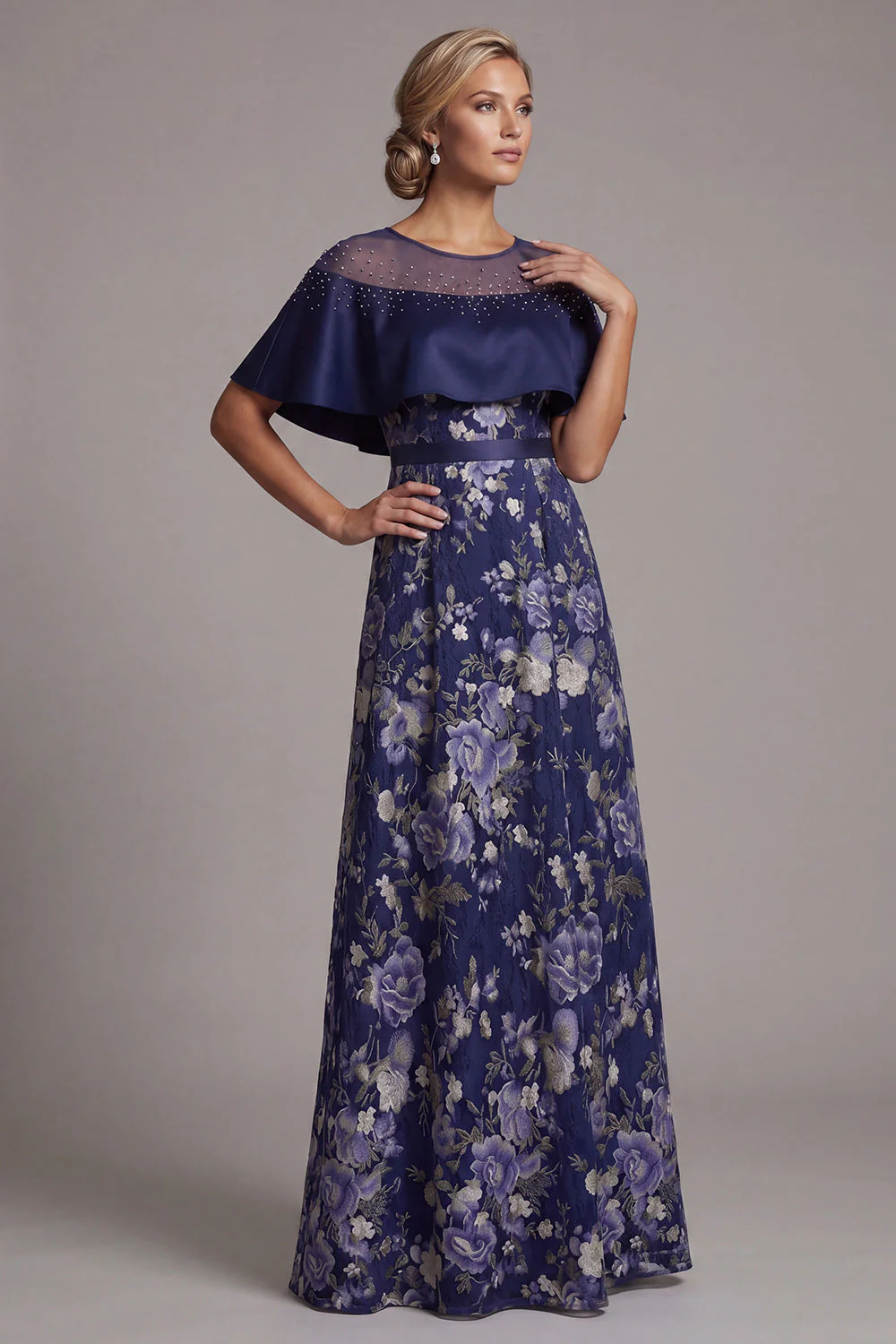 Navy Floral A Line Beaded Long Mother Of the Bride Dress with Cape - Image 3