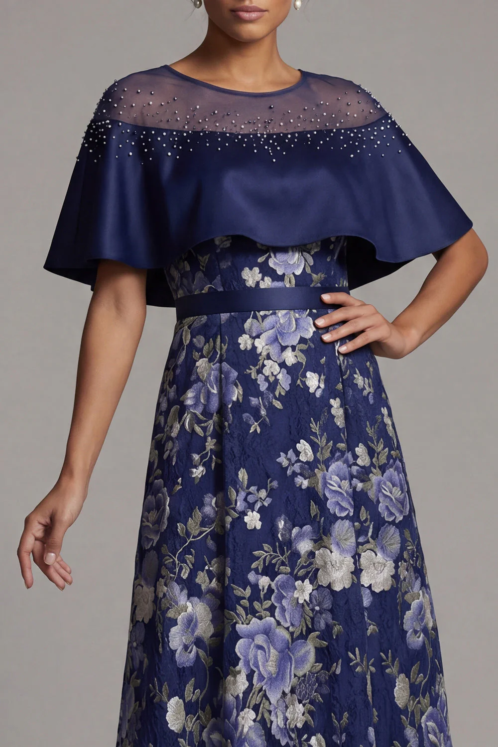 Navy Floral A Line Beaded Long Mother Of the Bride Dress with Cape - Image 4