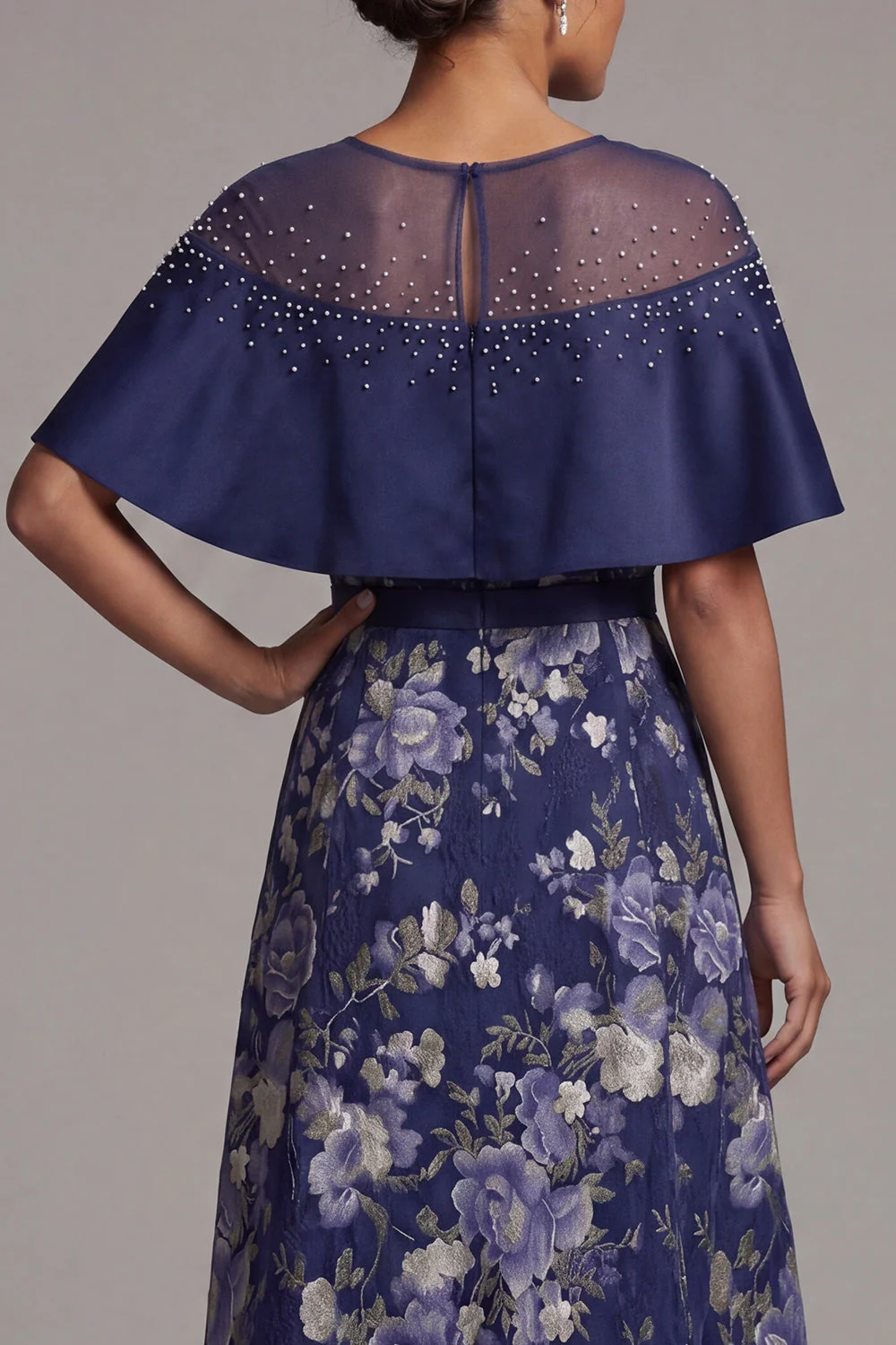 Navy Floral A Line Beaded Long Mother Of the Bride Dress with Cape - Image 5
