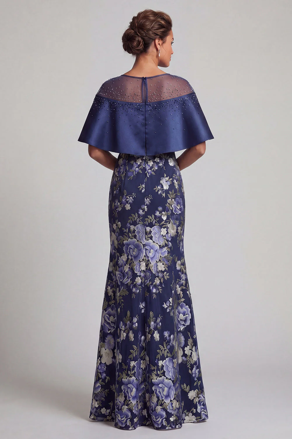 Navy Floral Mermaid Beaded Long Mother Of the Bride Dress with Slit - Image 2