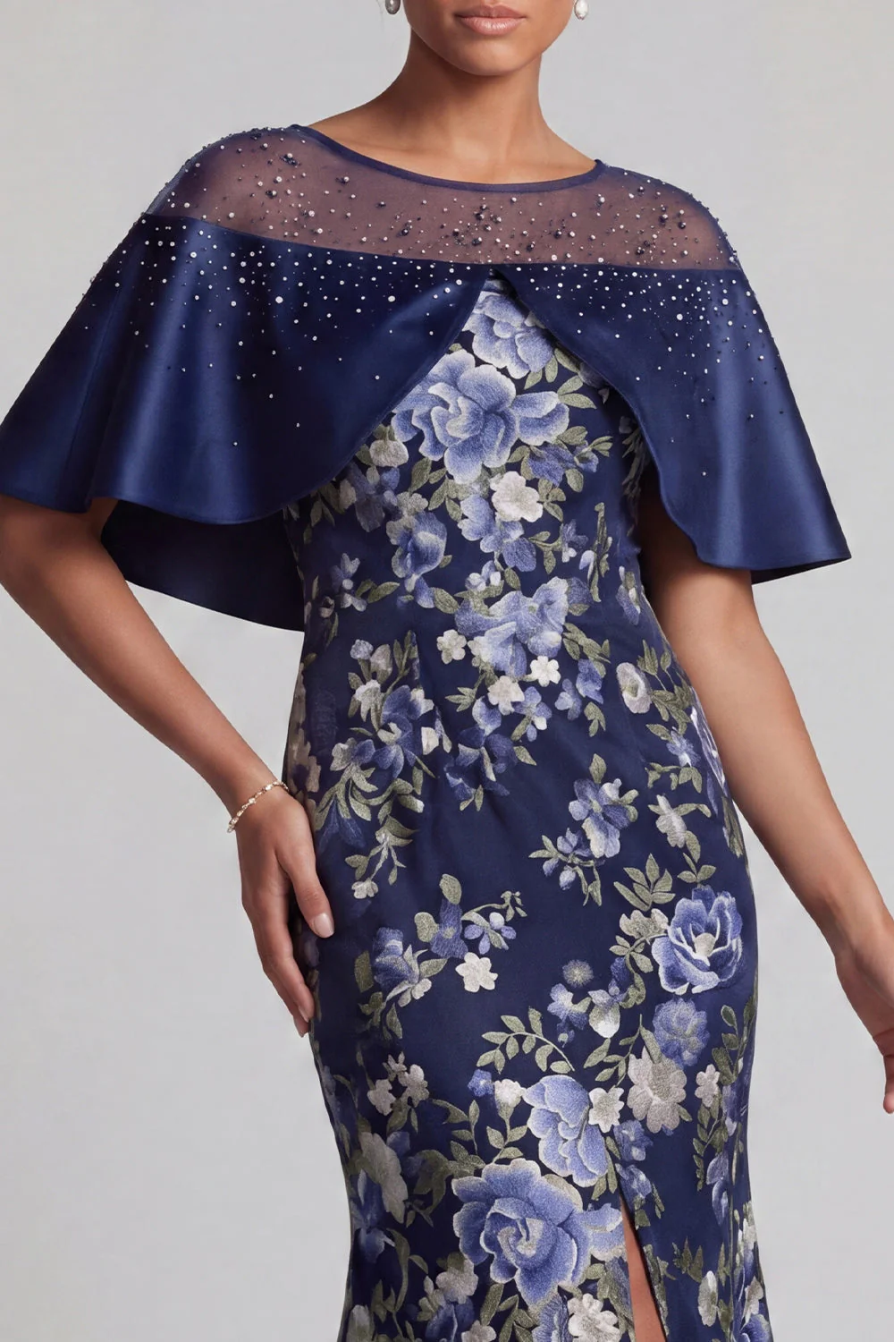 Navy Floral Mermaid Beaded Long Mother Of the Bride Dress with Slit - Image 3