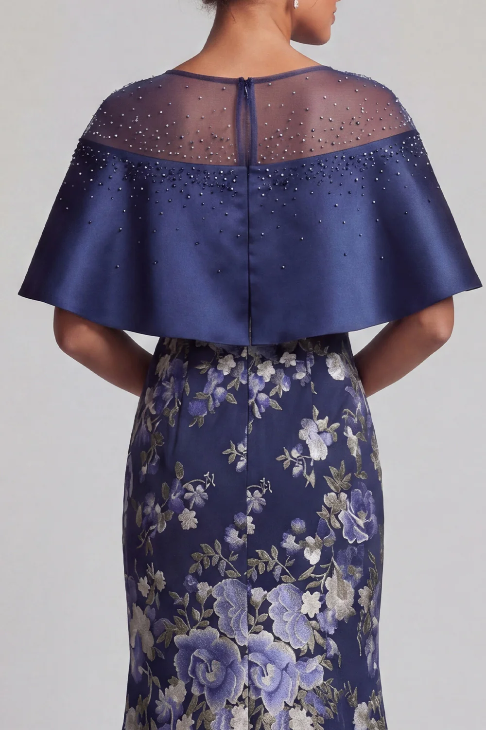 Navy Floral Mermaid Beaded Long Mother Of the Bride Dress with Slit - Image 4