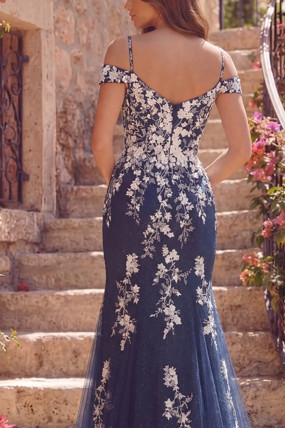 Navy Floral Mermaid Cold Shoulder Long Prom Dress - Image 4