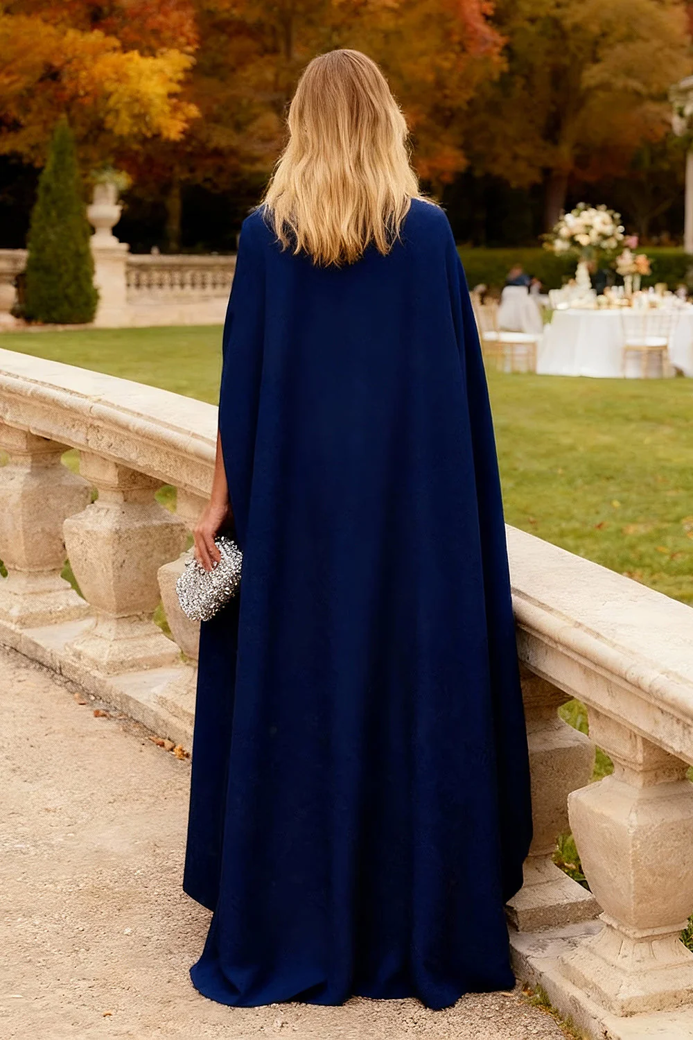 Navy Floral Mermaid Long Formal Dress with Cape - Image 2