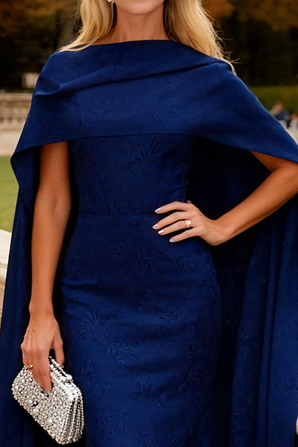 Navy Floral Mermaid Long Formal Dress with Cape - Image 3