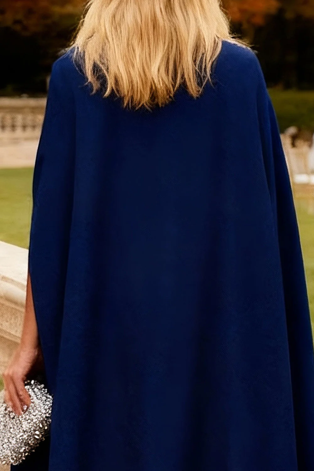 Navy Floral Mermaid Long Formal Dress with Cape - Image 4