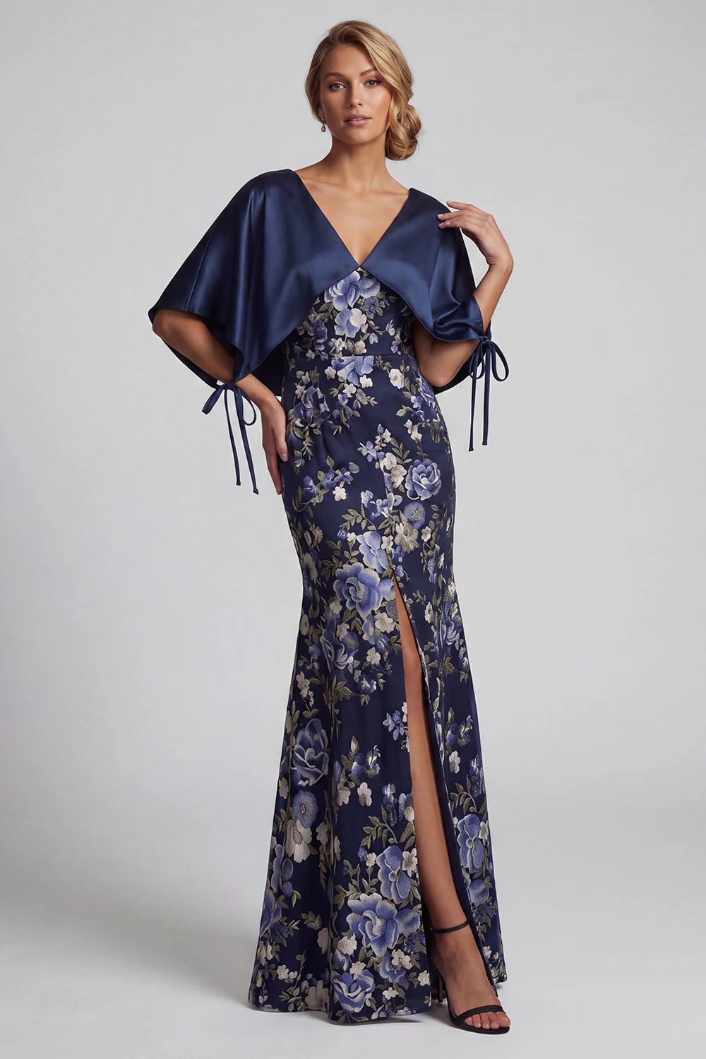 Navy Floral Mermaid Long Mother Of the Bride Dress with Slit - Image 3