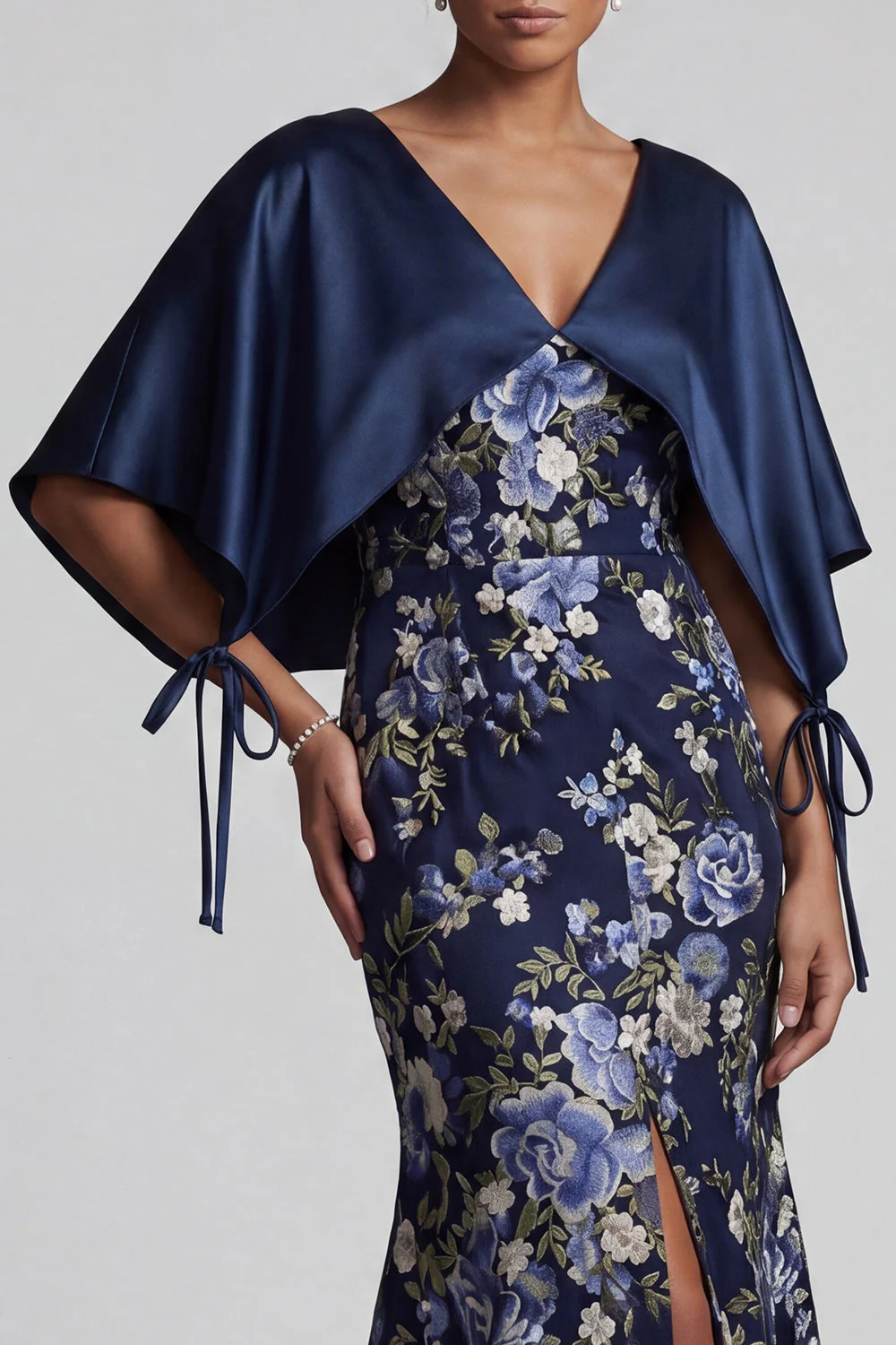 Navy Floral Mermaid Long Mother Of the Bride Dress with Slit - Image 4