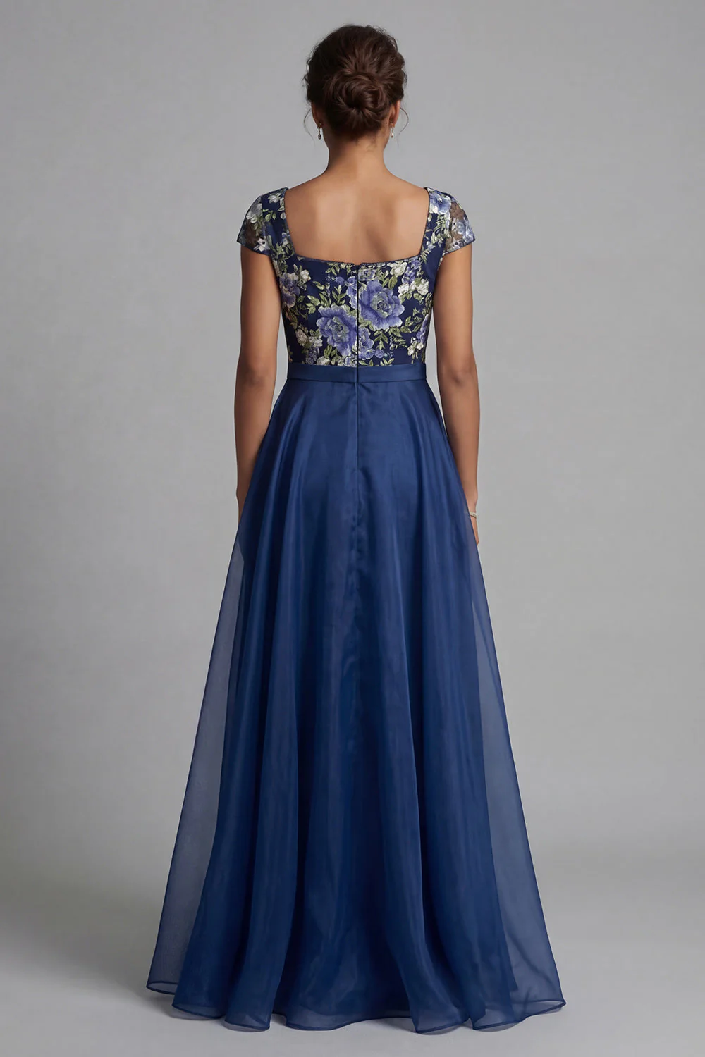 Navy Flower A Line Chiffon Square Neck Long Mother of the Bride Dress with Bow - Image 2