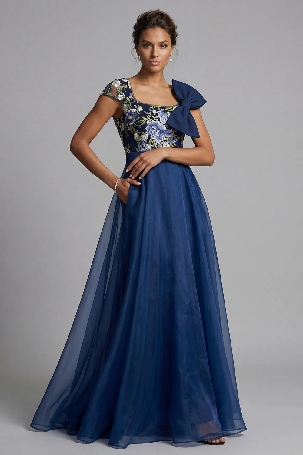 Navy Flower A Line Chiffon Square Neck Long Mother of the Bride Dress with Bow - Image 3