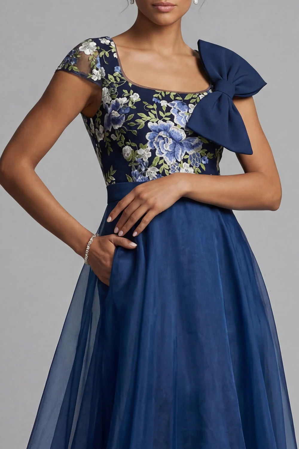 Navy Flower A Line Chiffon Square Neck Long Mother of the Bride Dress with Bow - Image 4