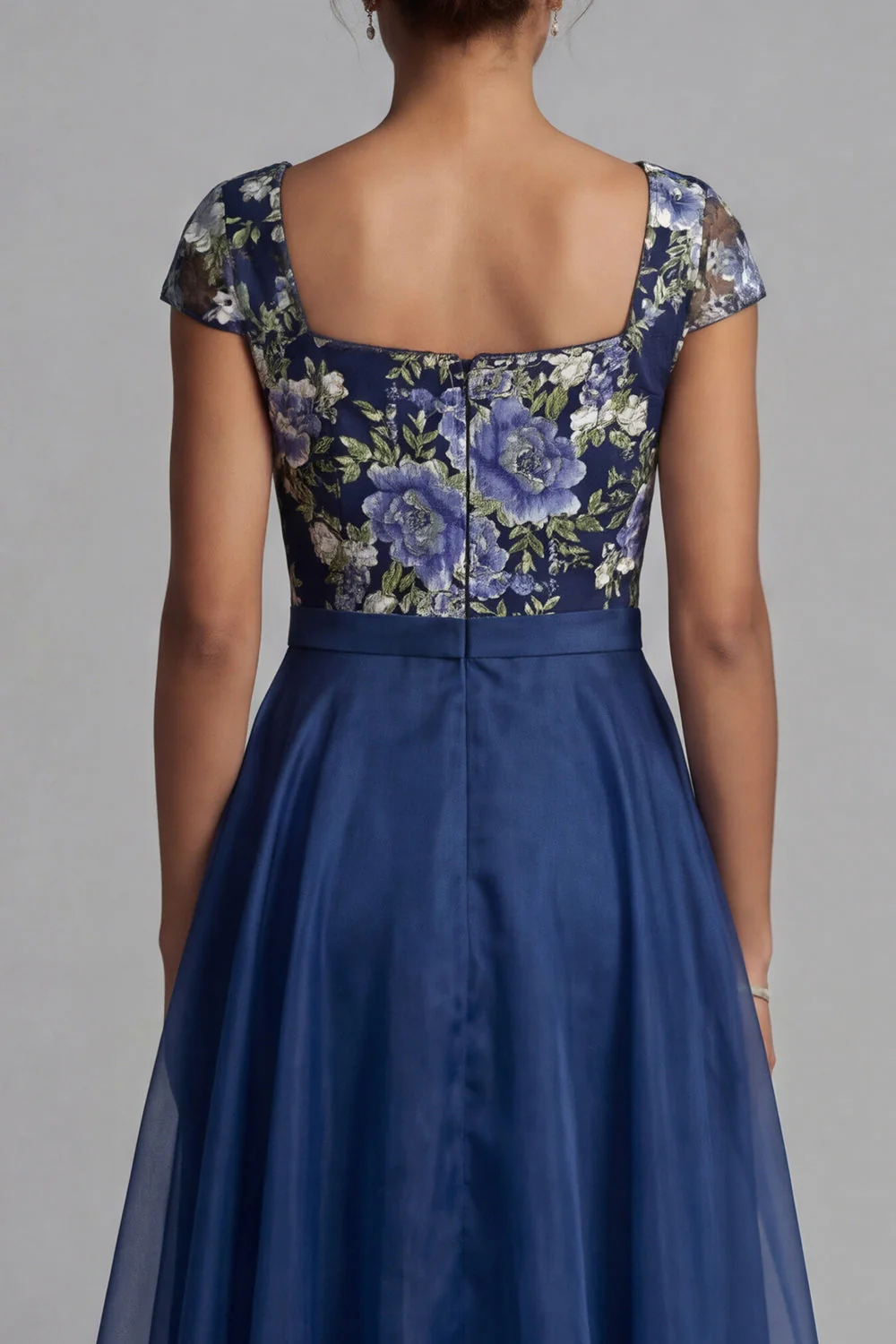 Navy Flower A Line Chiffon Square Neck Long Mother of the Bride Dress with Bow - Image 5