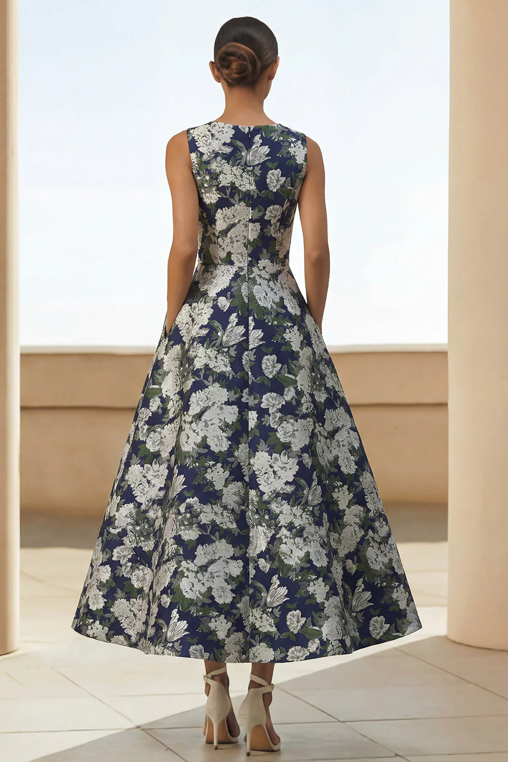Navy Flower Print A Line Midi Dress with Pockets - Image 2