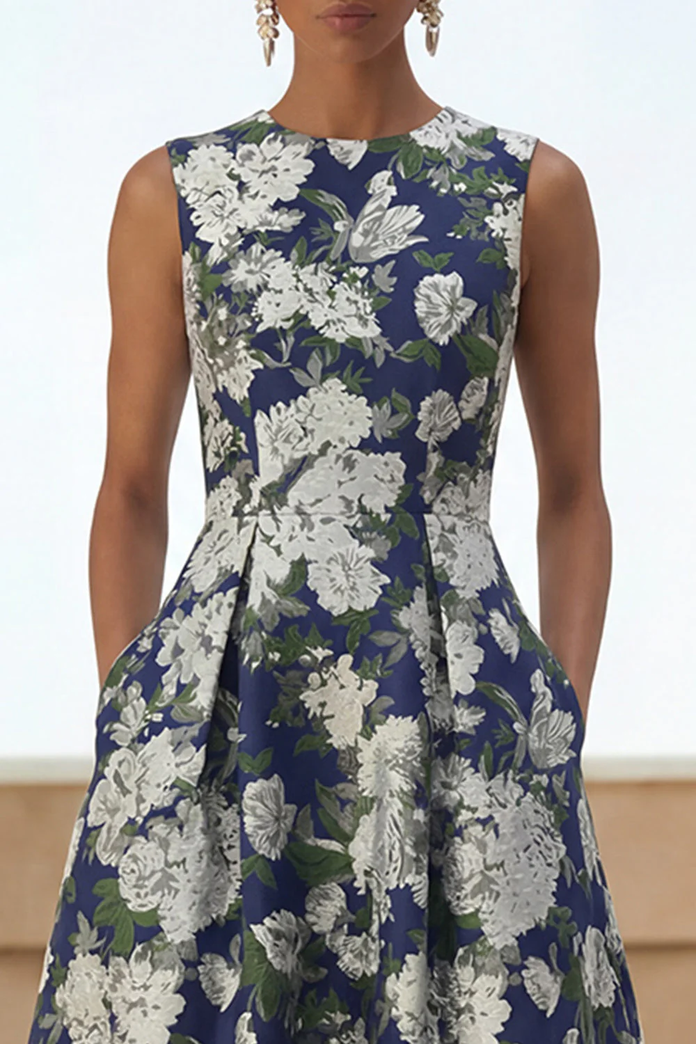 Navy Flower Print A Line Midi Dress with Pockets - Image 3