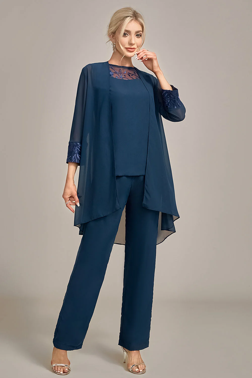 Navy Long Sleeves 3 Pieces Mother of the Bride Pant Suits - Image 3