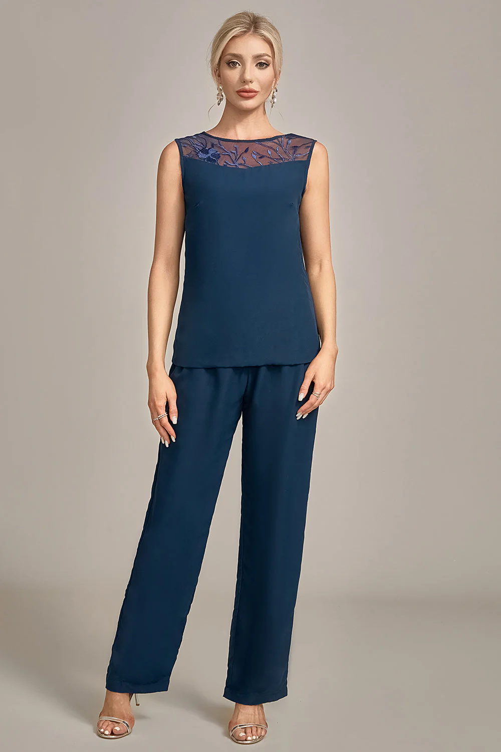 Navy Long Sleeves 3 Pieces Mother of the Bride Pant Suits - Image 4