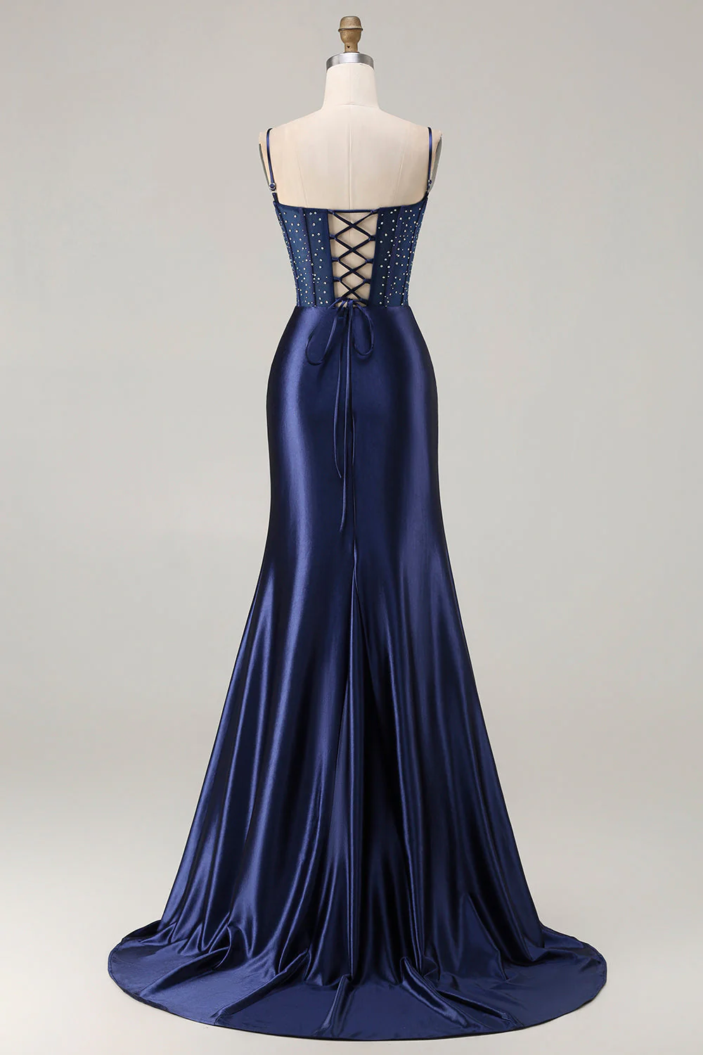 Navy Mermaid Beaded Corset Embroidered Long Prom Dress with Slit - Image 2