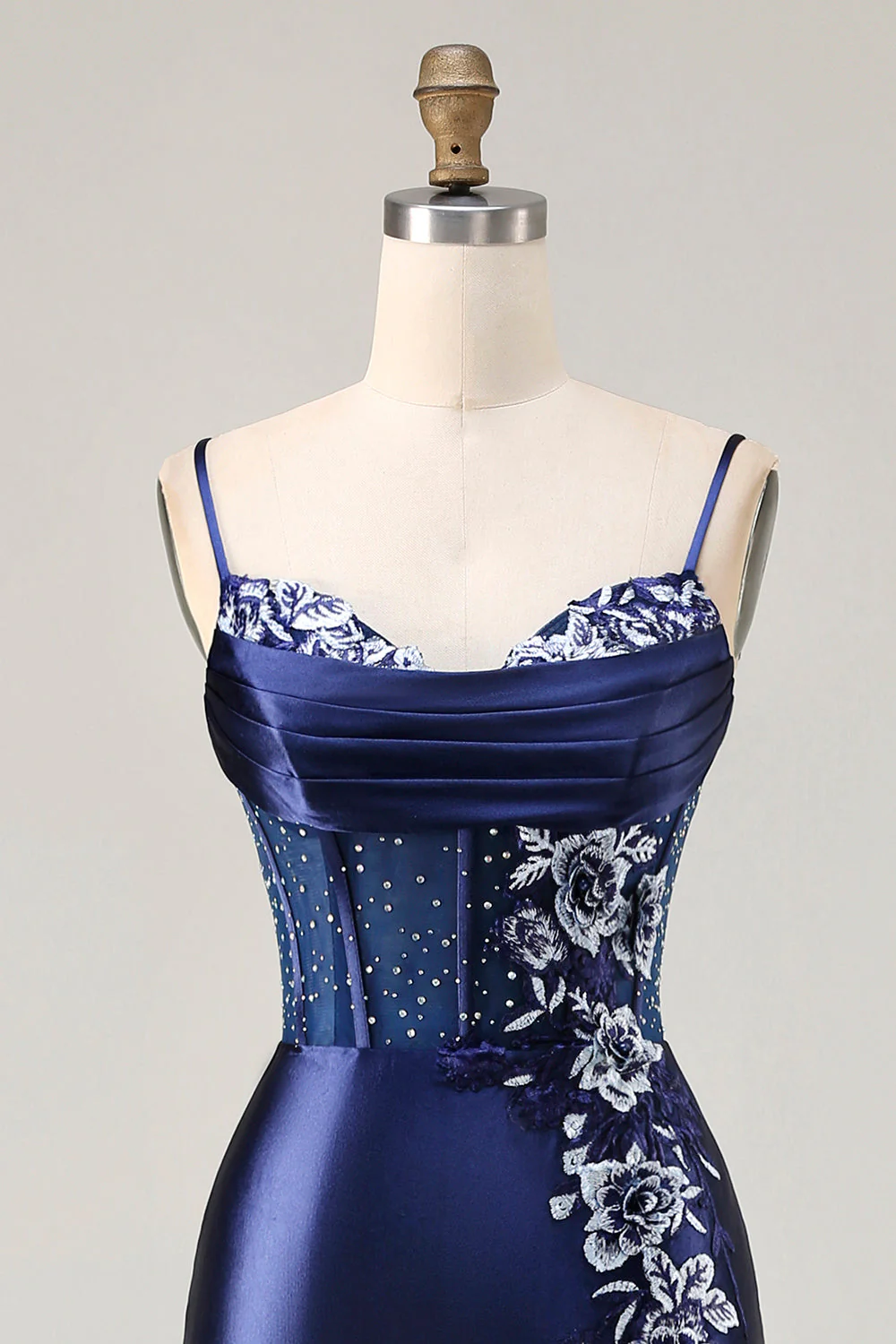 Navy Mermaid Beaded Corset Embroidered Long Prom Dress with Slit - Image 4