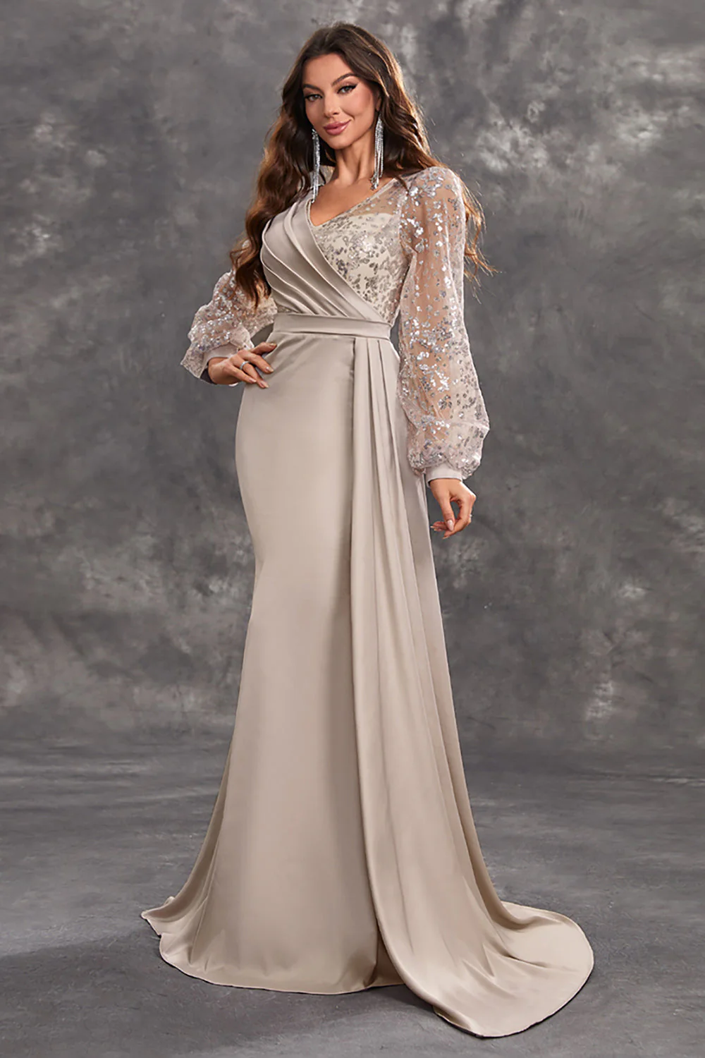 Navy Mermaid Sequins Long Sleeves Choir Dress with Side Cape - Image 10