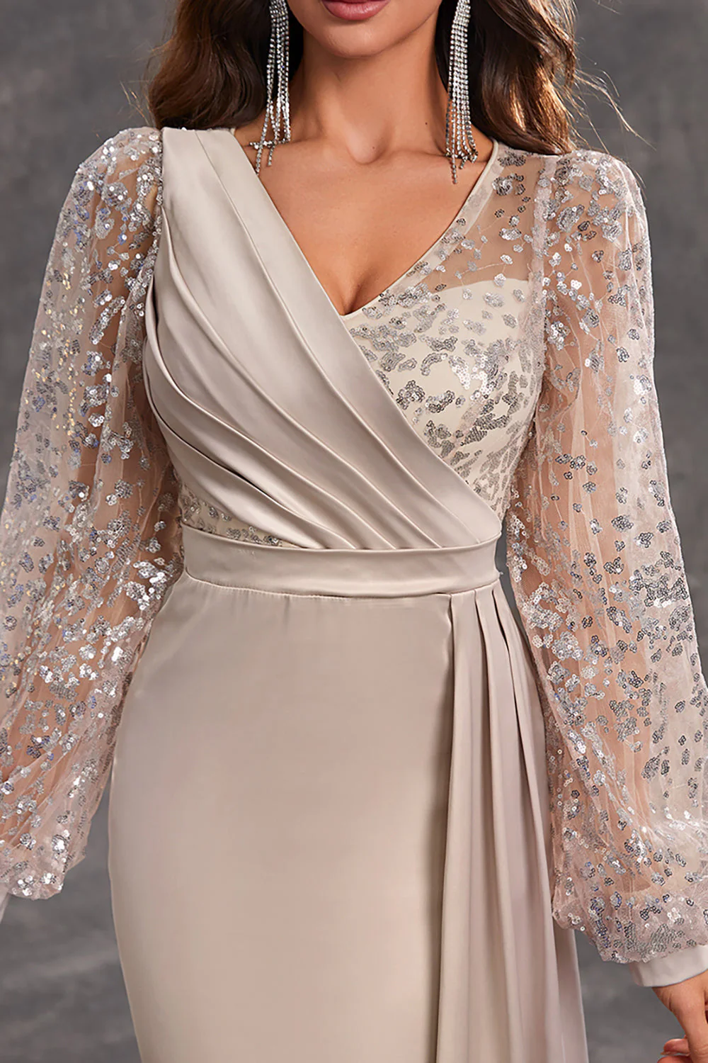 Navy Mermaid Sequins Long Sleeves Choir Dress with Side Cape - Image 11