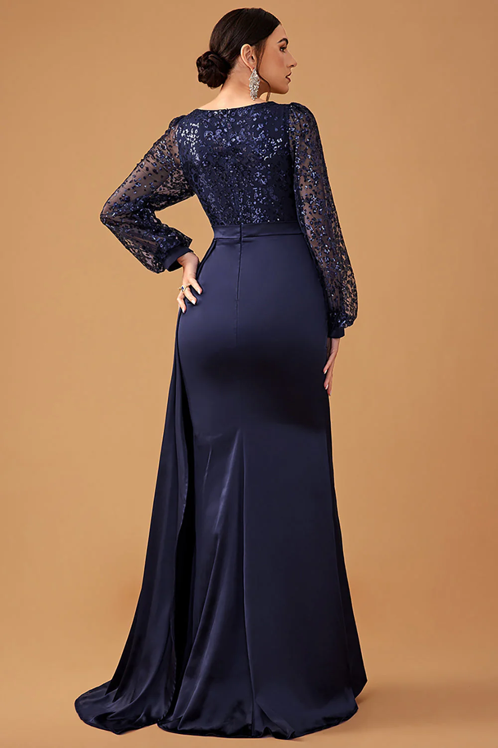 Navy Mermaid Sequins Long Sleeves Choir Dress with Side Cape - Image 2