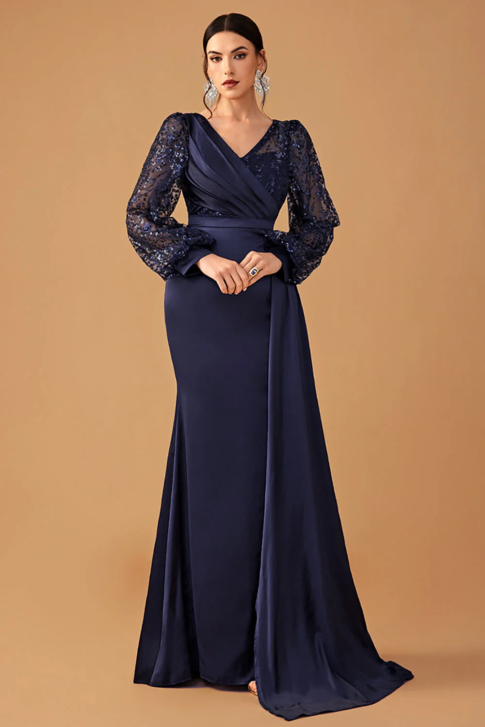 Navy Mermaid Sequins Long Sleeves Choir Dress with Side Cape - Image 3