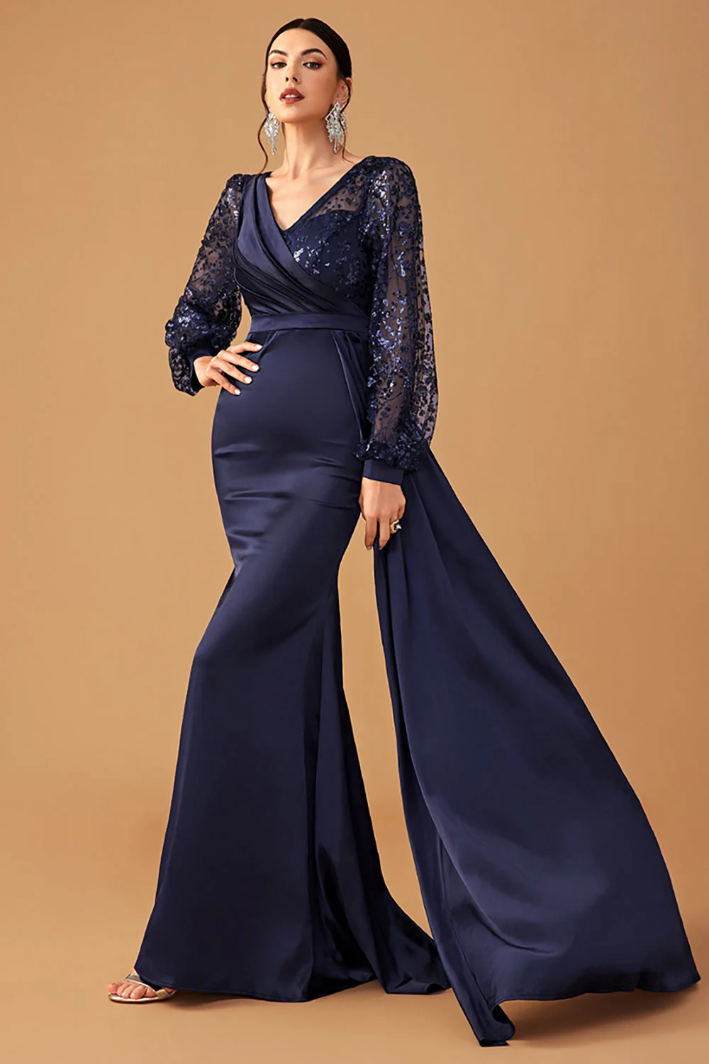 Navy Mermaid Sequins Long Sleeves Choir Dress with Side Cape - Image 4