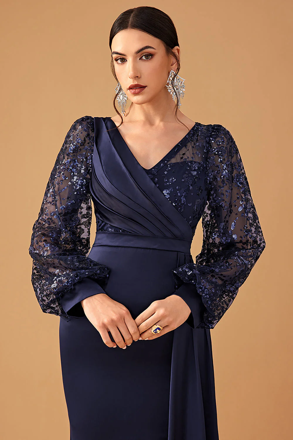 Navy Mermaid Sequins Long Sleeves Choir Dress with Side Cape - Image 5