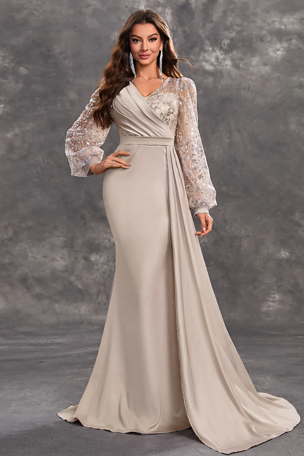 Navy Mermaid Sequins Long Sleeves Choir Dress with Side Cape - Image 6
