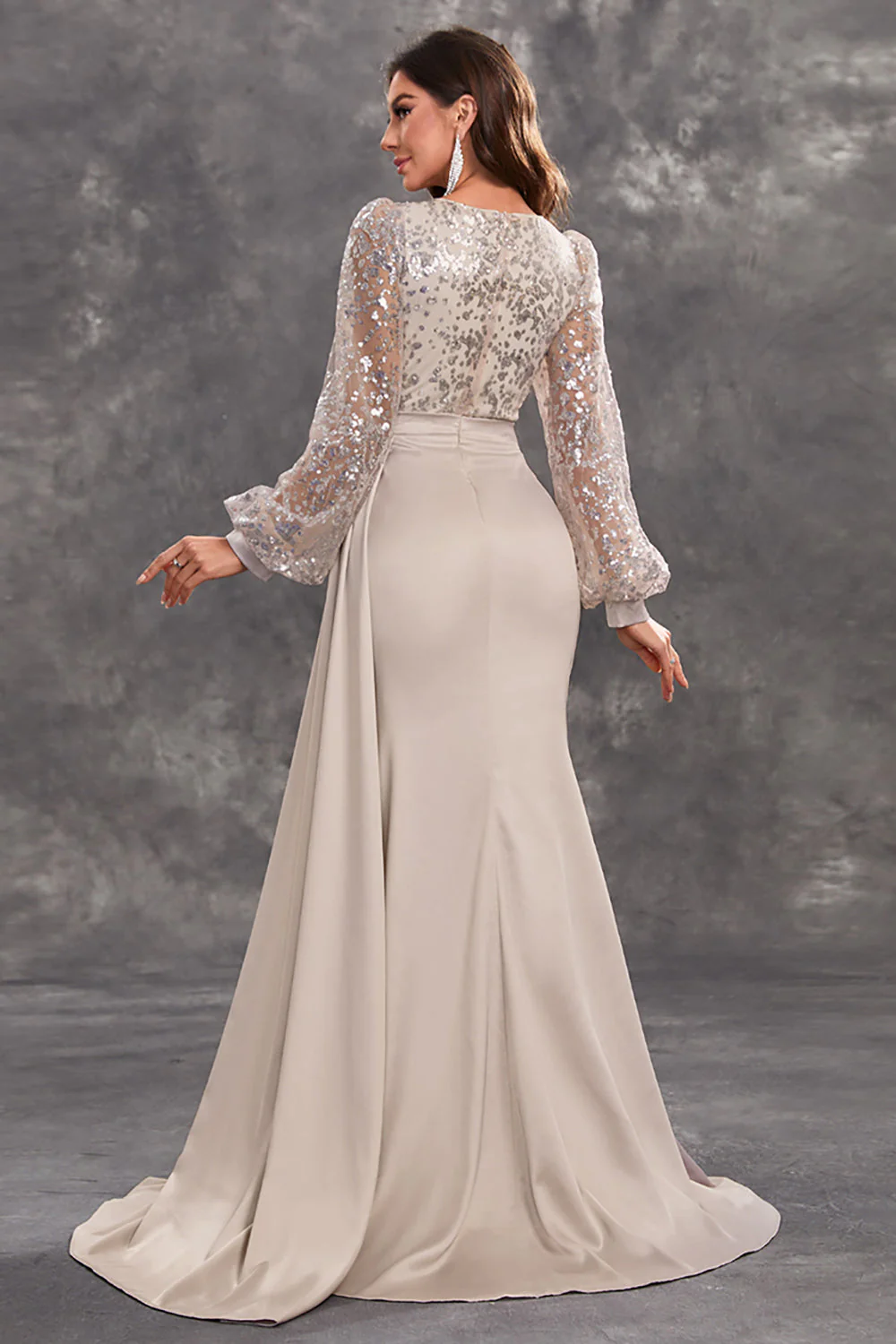 Navy Mermaid Sequins Long Sleeves Choir Dress with Side Cape - Image 7