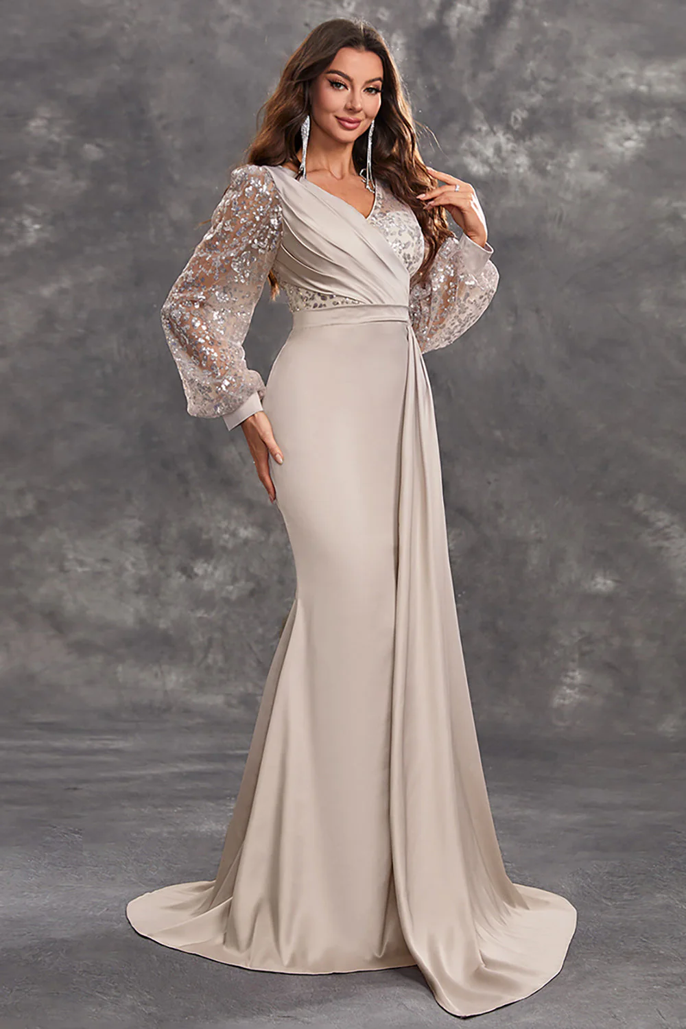 Navy Mermaid Sequins Long Sleeves Choir Dress with Side Cape - Image 8