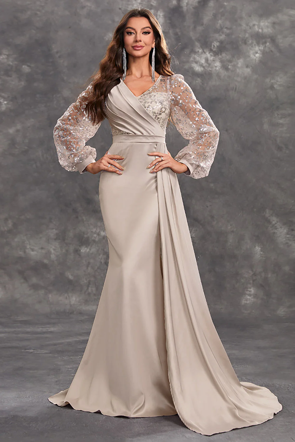 Navy Mermaid Sequins Long Sleeves Choir Dress with Side Cape - Image 9