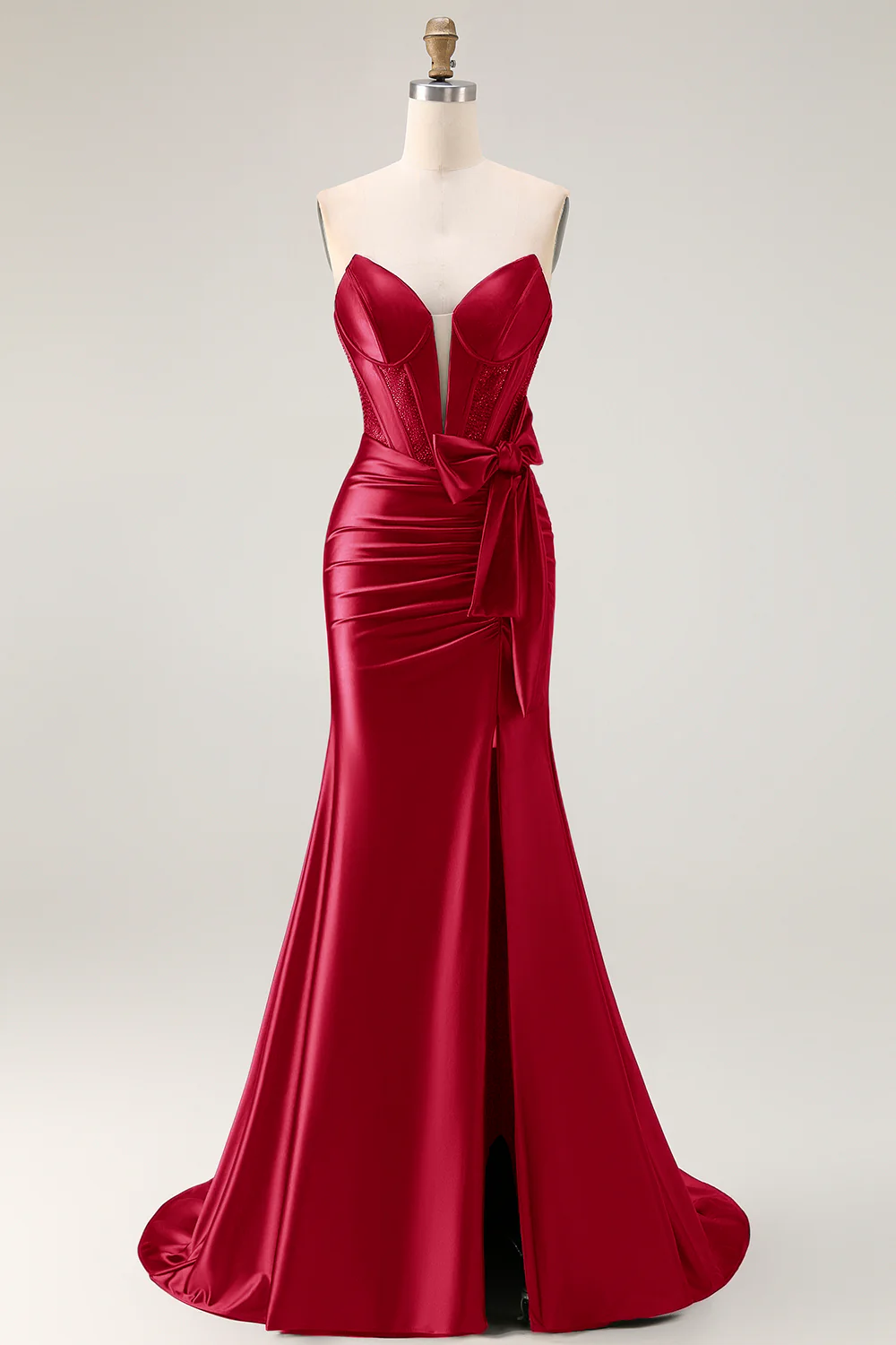Navy Mermaid Strapless Beaded Corset Ruched Long Prom Dress with Bow - Image 11