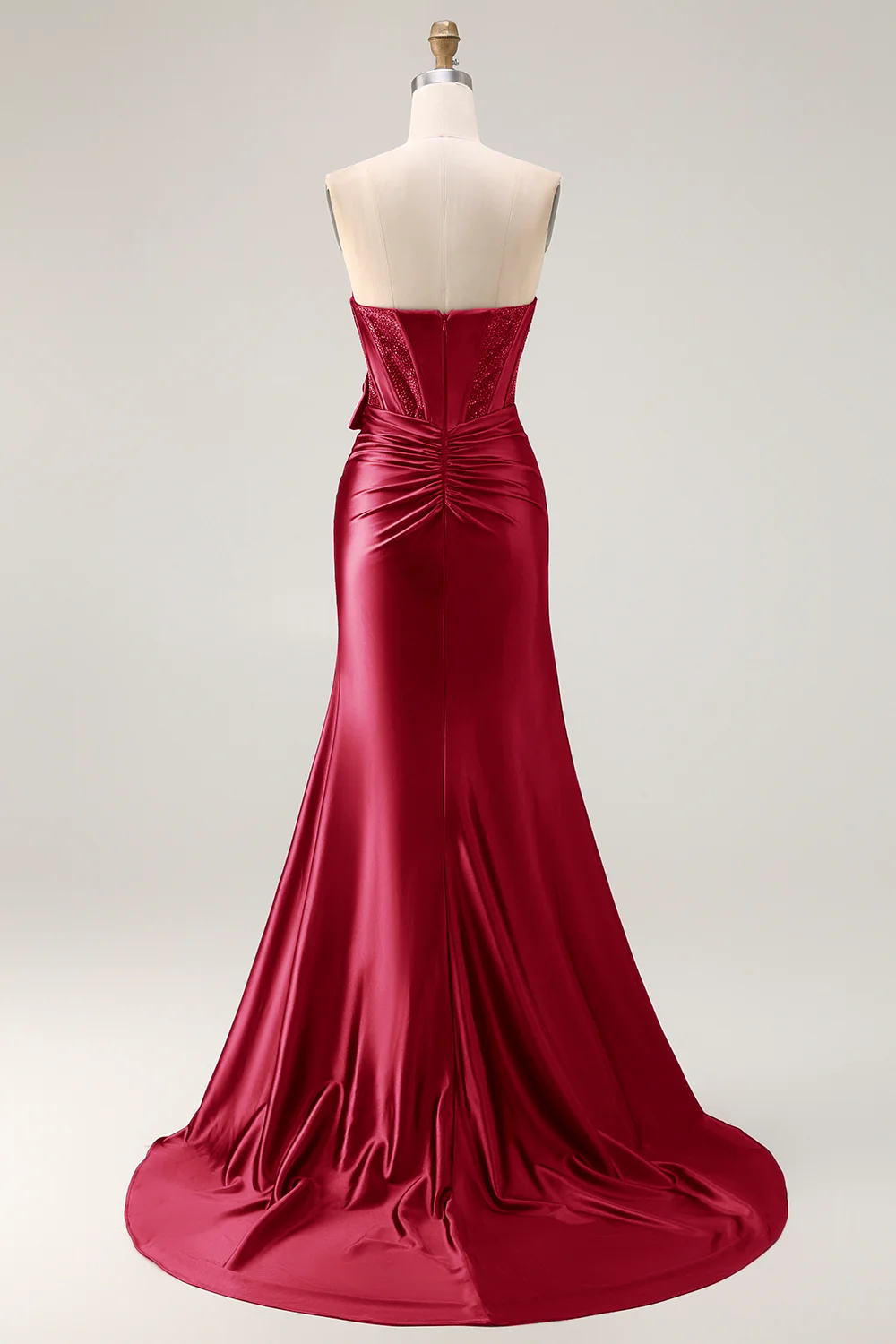 Navy Mermaid Strapless Beaded Corset Ruched Long Prom Dress with Bow - Image 12