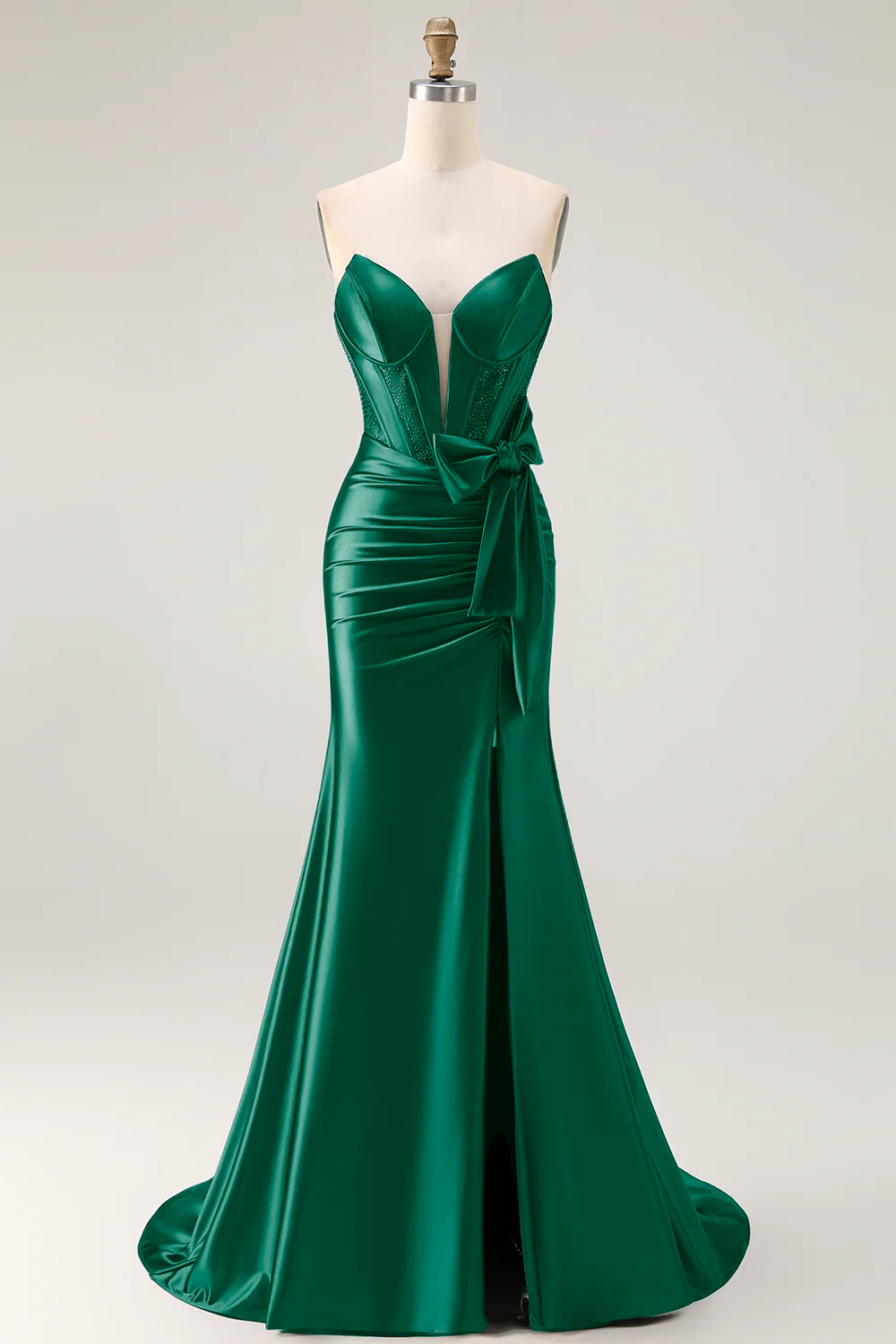 Navy Mermaid Strapless Beaded Corset Ruched Long Prom Dress with Bow - Image 13
