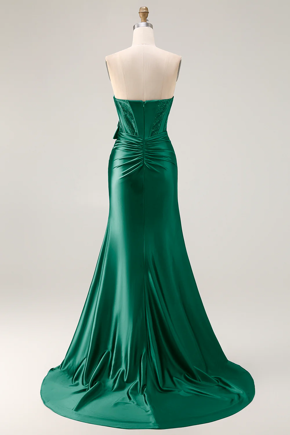 Navy Mermaid Strapless Beaded Corset Ruched Long Prom Dress with Bow - Image 14