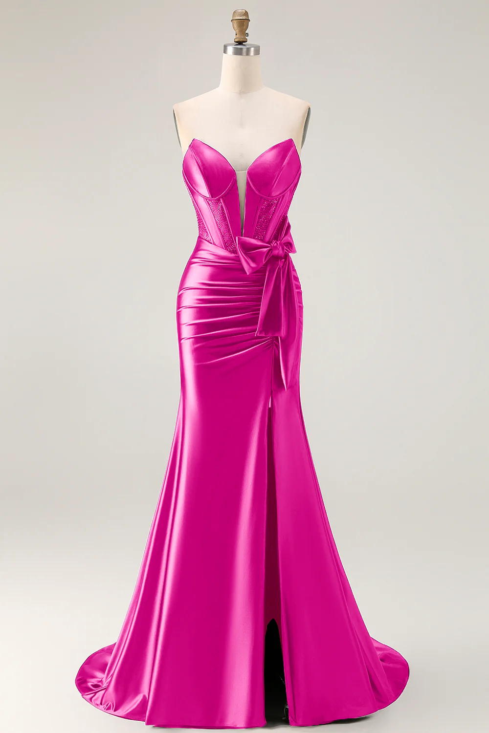 Navy Mermaid Strapless Beaded Corset Ruched Long Prom Dress with Bow - Image 15