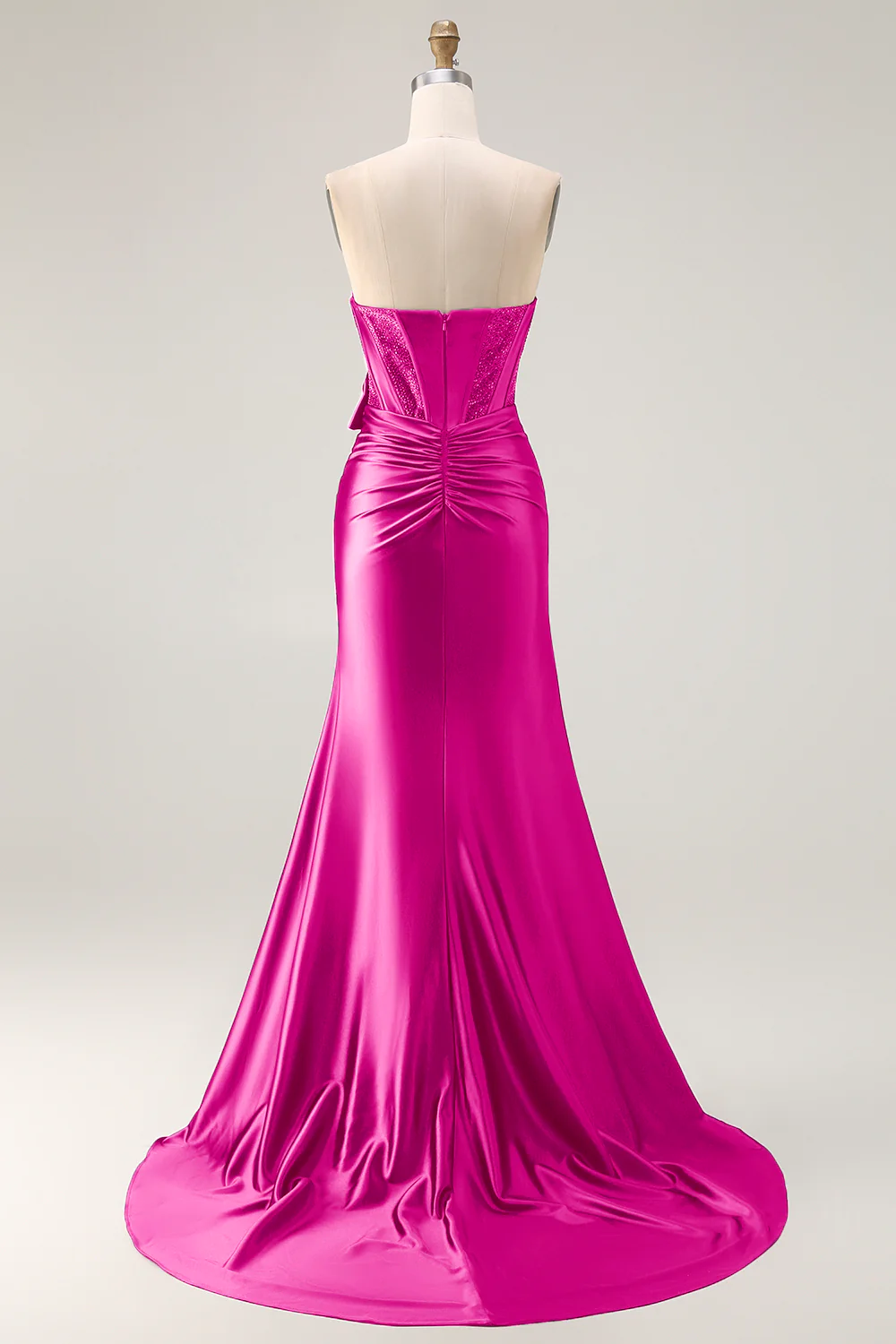 Navy Mermaid Strapless Beaded Corset Ruched Long Prom Dress with Bow - Image 16