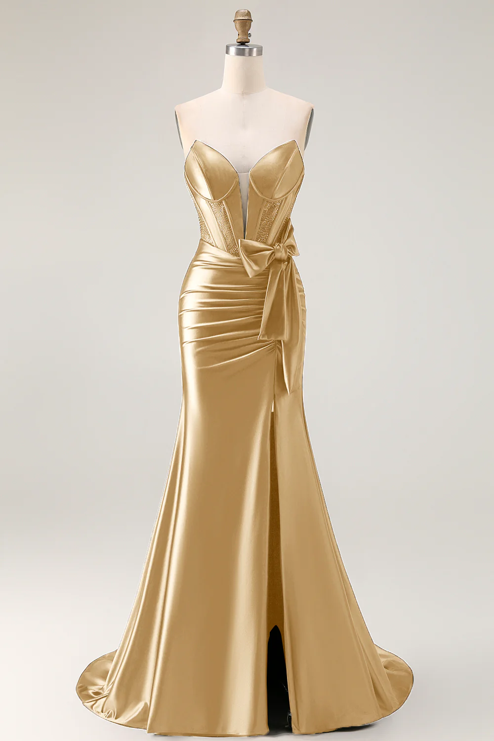 Navy Mermaid Strapless Beaded Corset Ruched Long Prom Dress with Bow - Image 17