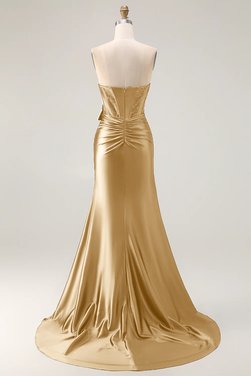Navy Mermaid Strapless Beaded Corset Ruched Long Prom Dress with Bow - Image 18