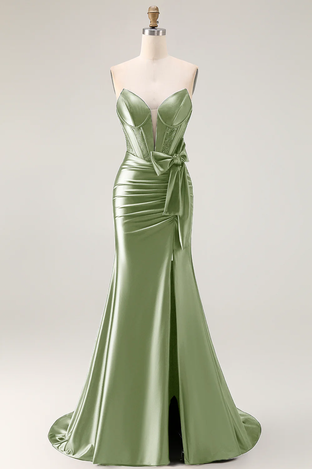 Navy Mermaid Strapless Beaded Corset Ruched Long Prom Dress with Bow - Image 19