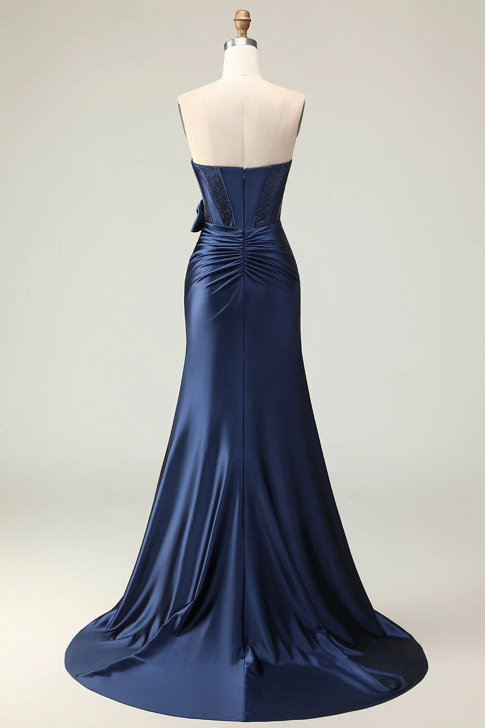 Navy Mermaid Strapless Beaded Corset Ruched Long Prom Dress with Bow - Image 2