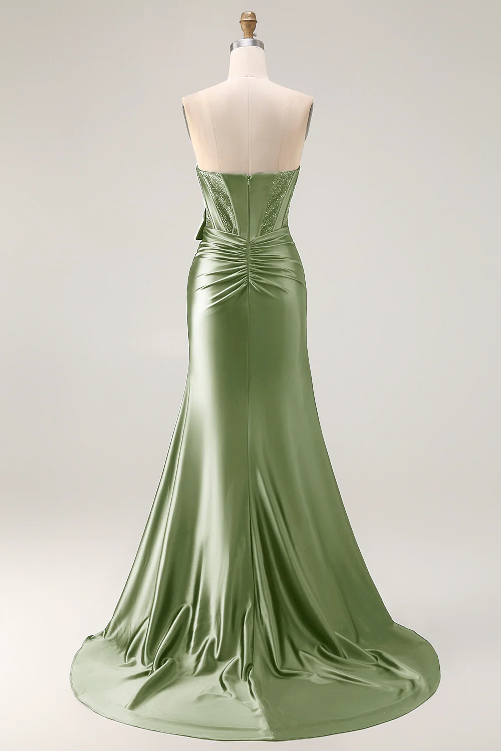 Navy Mermaid Strapless Beaded Corset Ruched Long Prom Dress with Bow - Image 20