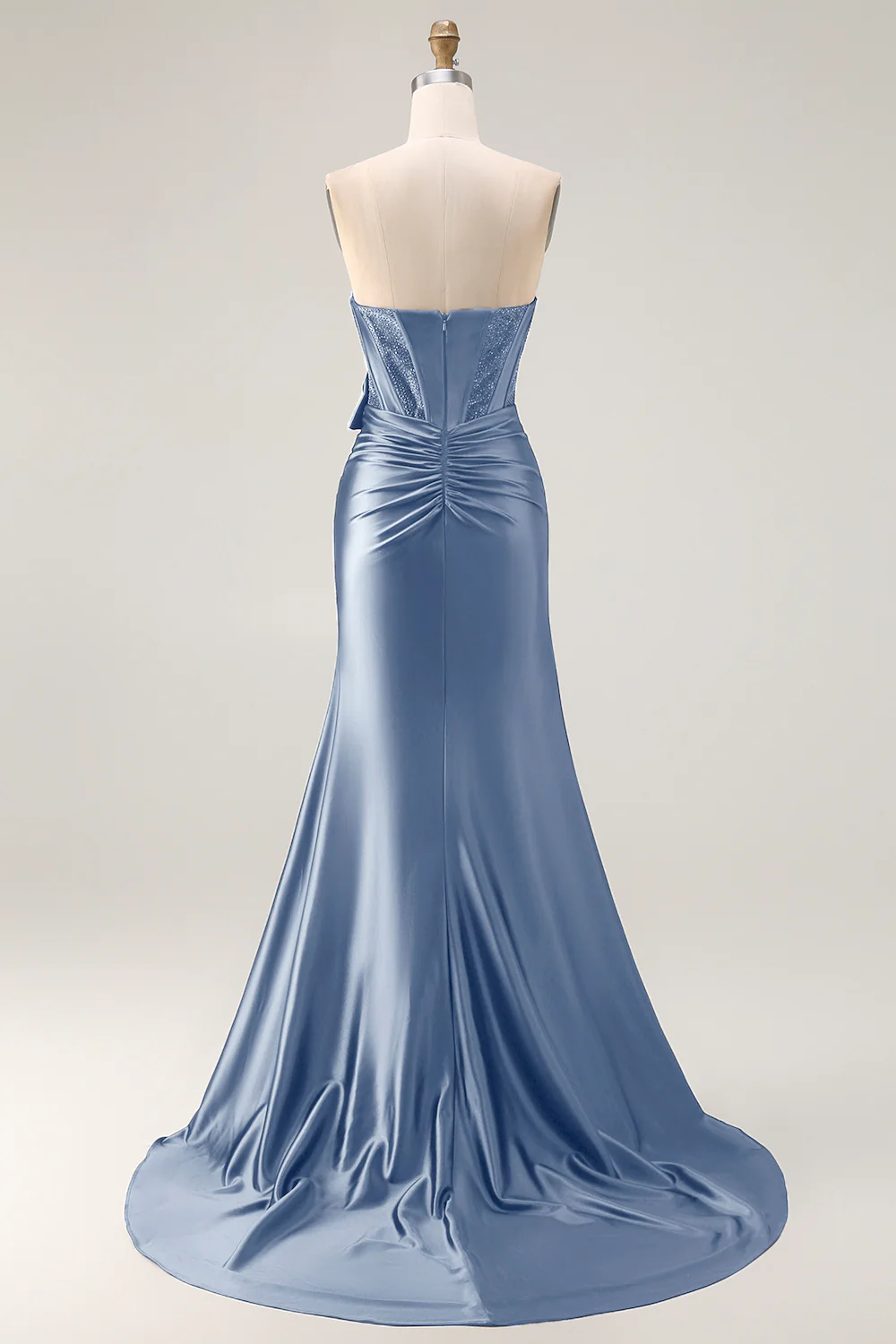 Navy Mermaid Strapless Beaded Corset Ruched Long Prom Dress with Bow - Image 22