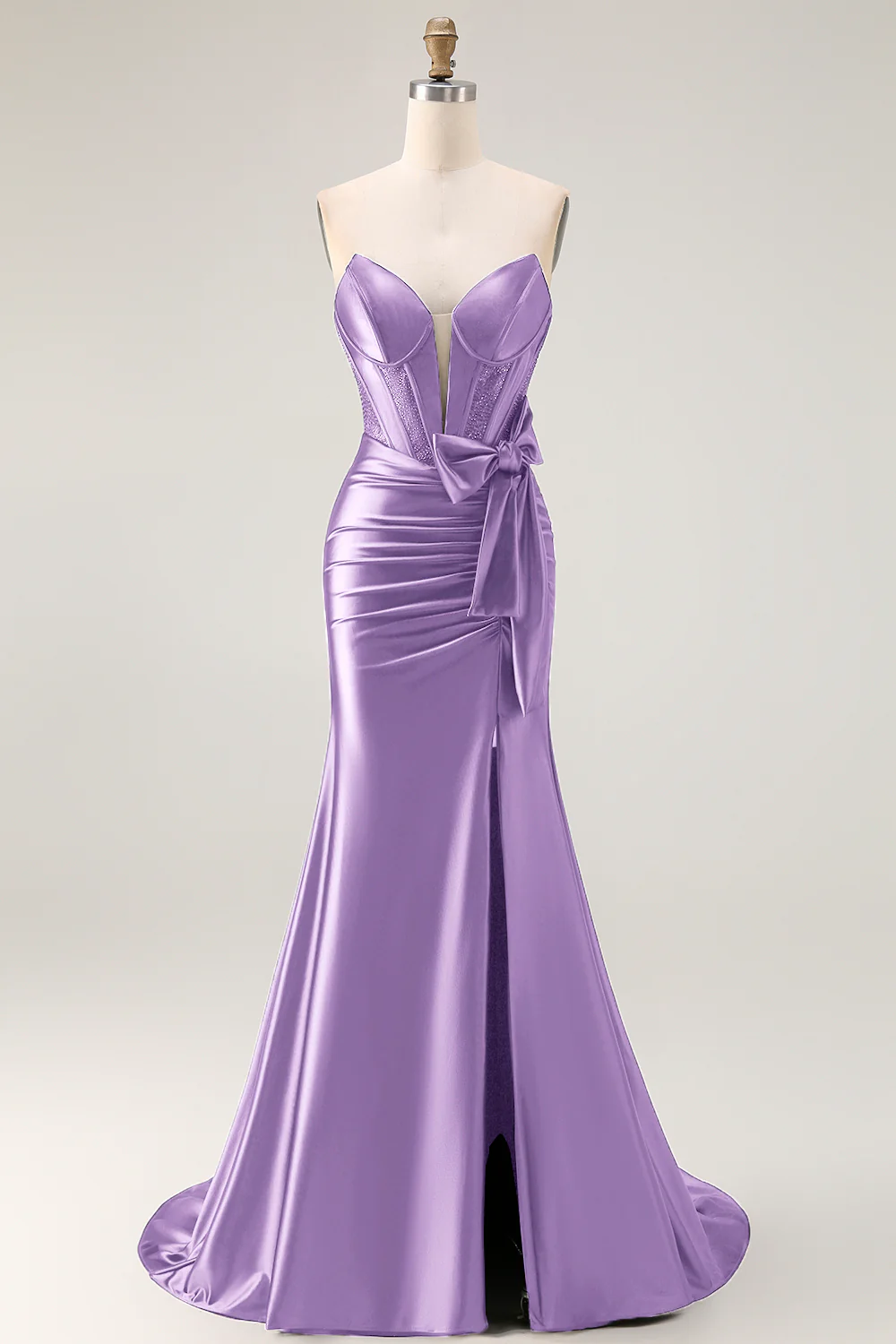 Navy Mermaid Strapless Beaded Corset Ruched Long Prom Dress with Bow - Image 23