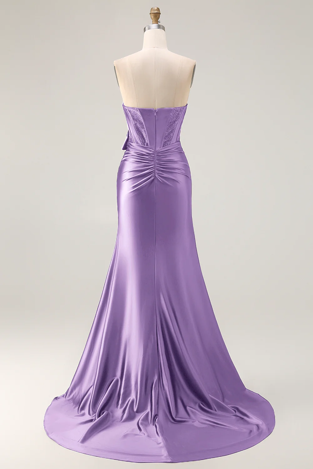 Navy Mermaid Strapless Beaded Corset Ruched Long Prom Dress with Bow - Image 24