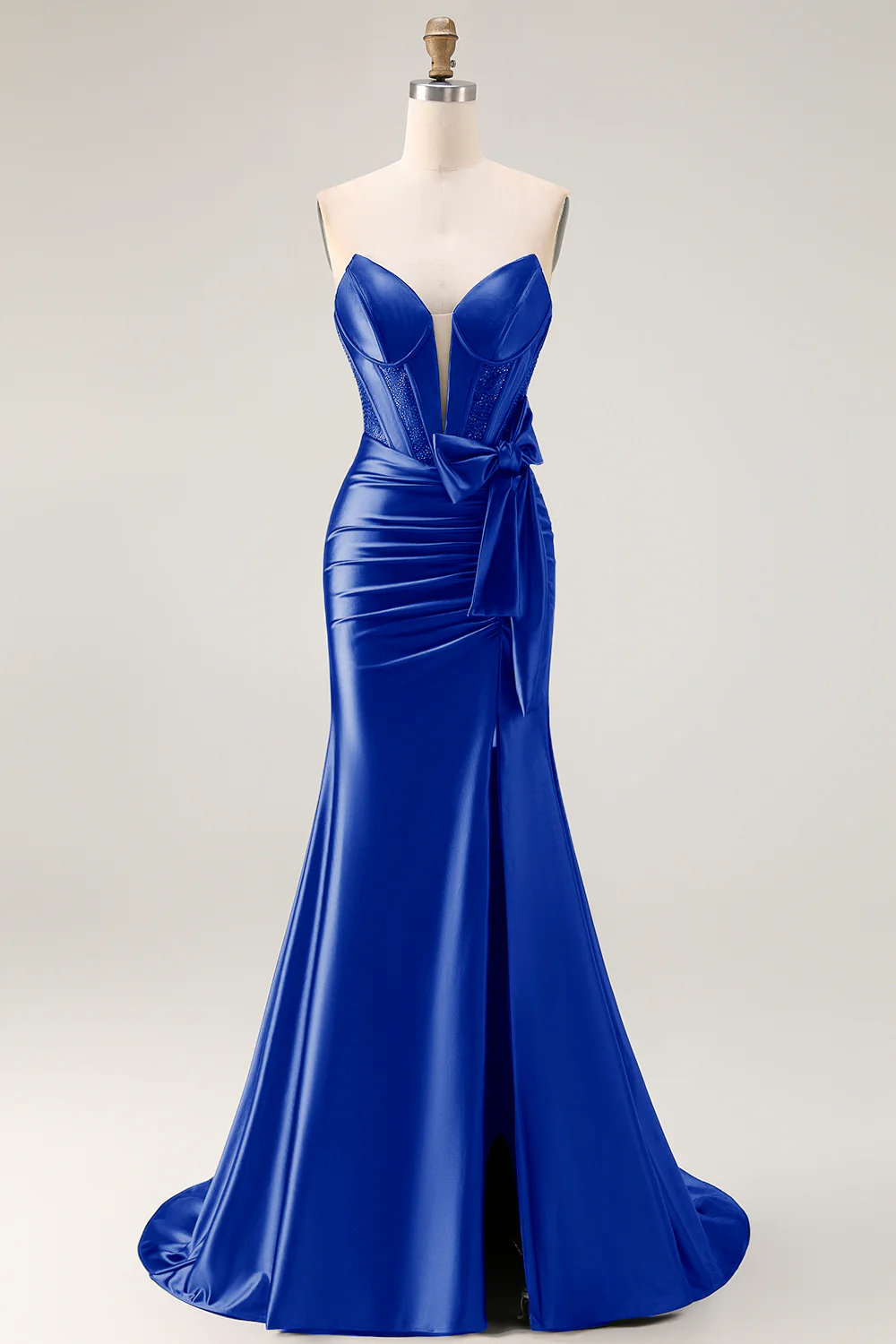 Navy Mermaid Strapless Beaded Corset Ruched Long Prom Dress with Bow - Image 25