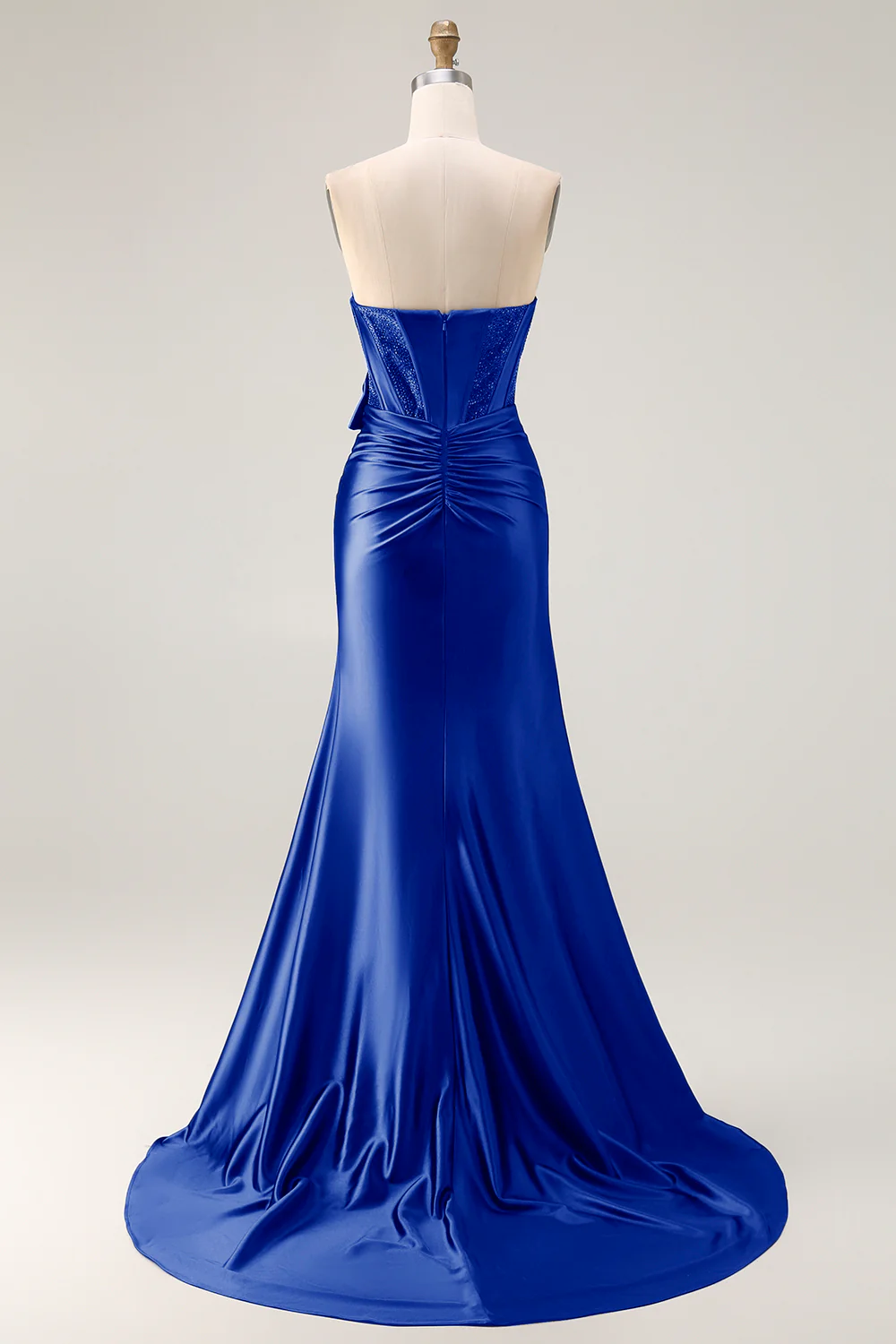 Navy Mermaid Strapless Beaded Corset Ruched Long Prom Dress with Bow - Image 26