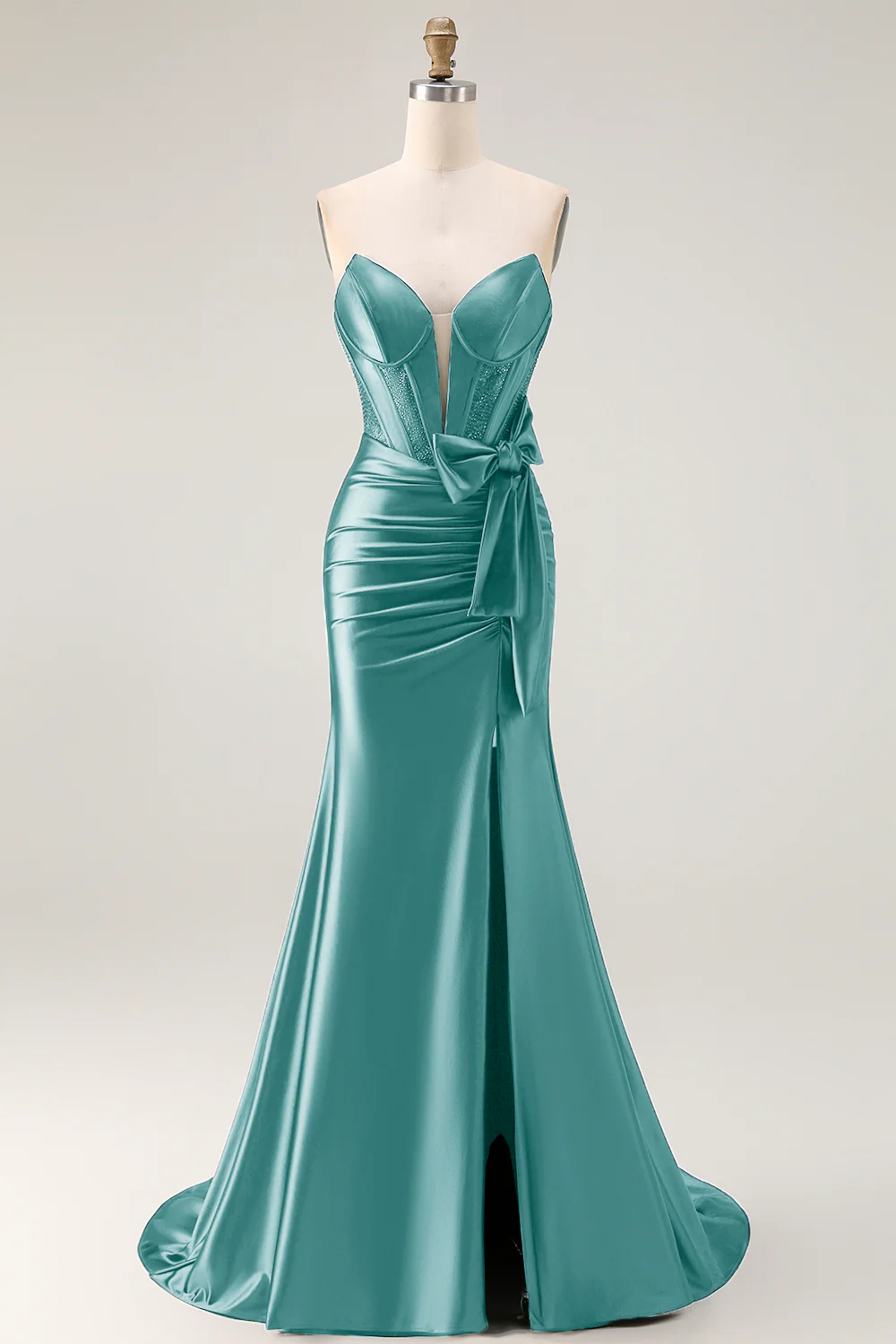 Navy Mermaid Strapless Beaded Corset Ruched Long Prom Dress with Bow - Image 27